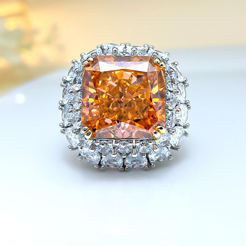 14Ct Luxury Orange Radiant Cut Halo Setting Ring-Sterling Silver-lornajewelry