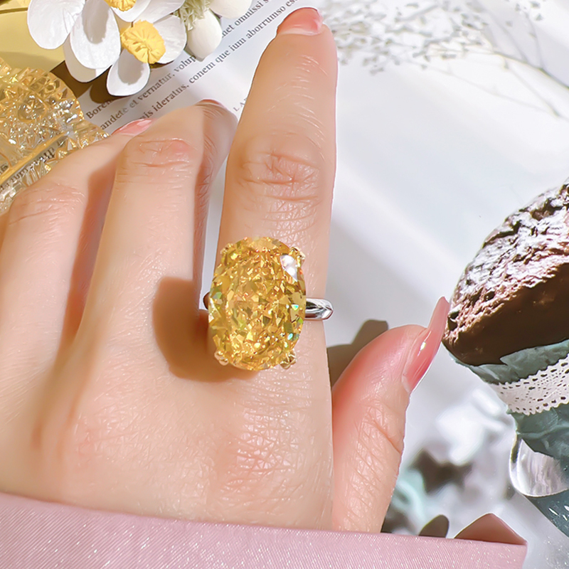 12Ct Yellow Oval Cut Solitaire Ring-Sterling Silver-lornajewelry