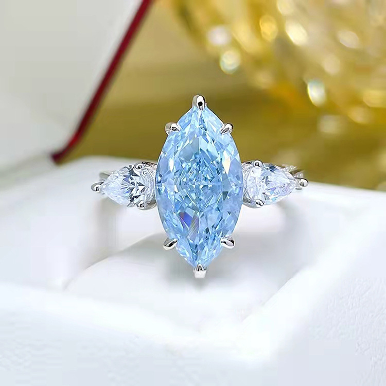 4.5Ct Aquamarine Blue Marquise Cut Three-Stone Ring-Sterling Silver-lornajewelry
