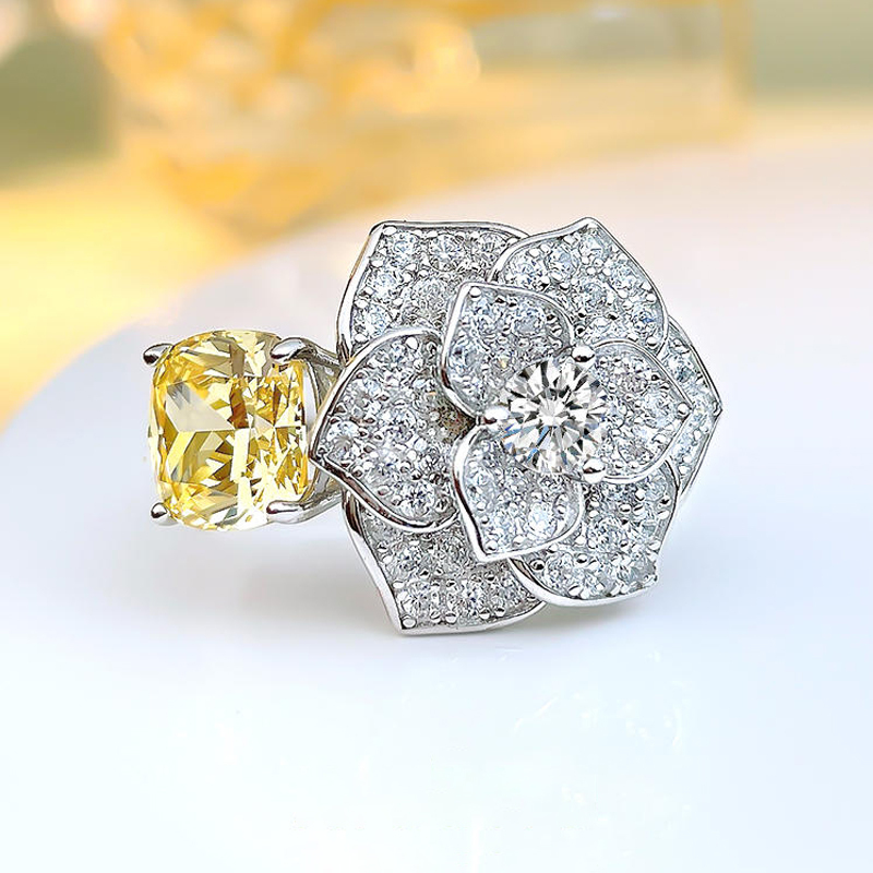 3Ct Yellow Cushion Cut Floral Pave Ring-Sterling Silver-lornajewelry