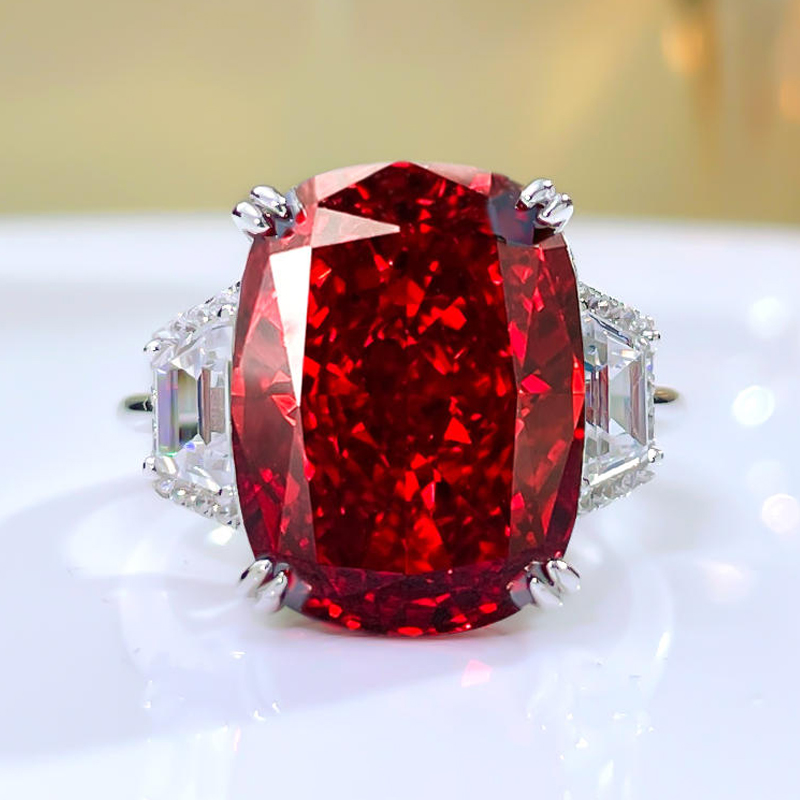 9Ct Ruby Cushion Cut Three-Stone Ring-Sterling Silver-lornajewelry