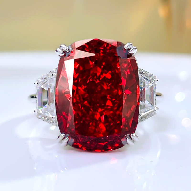 9Ct Ruby Cushion Cut Three-Stone Ring-Sterling Silver-lornajewelry