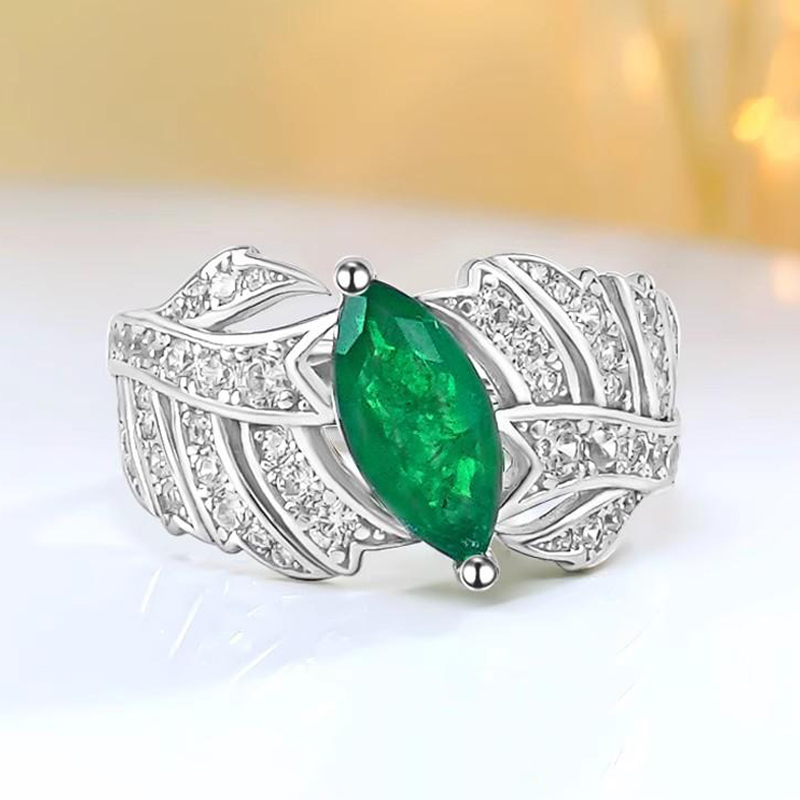 1Ct Green Marquise Cut Leaf Pave Ring-Sterling Silver-lornajewelry