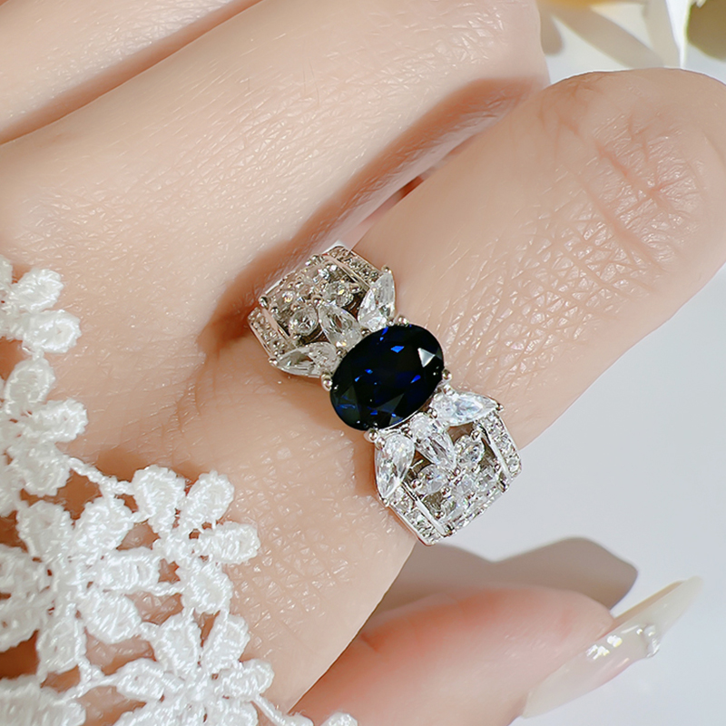 1Ct Blue Oval Cut Marquise Pave Ring-Sterling Silver-lornajewelry