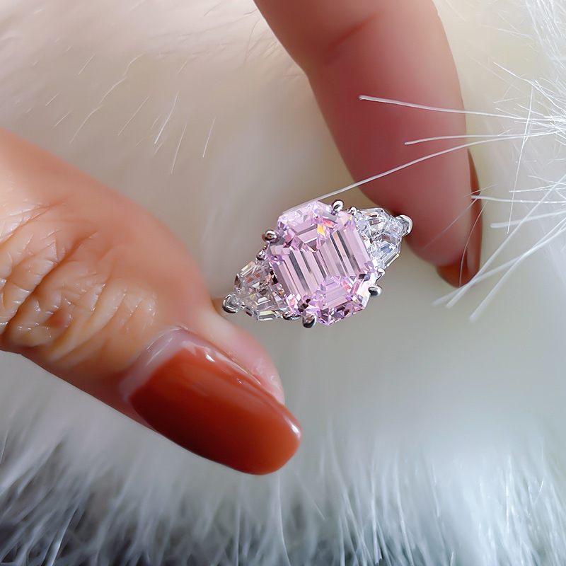 4Ct Pink Emerald Cut Three-Stone Ring-Sterling Silver-lornajewelry