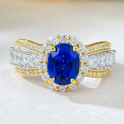 2Ct Luxury Oval Blue Stone Halo Accent Ring in Gold-Sterling Silver-lornajewelry