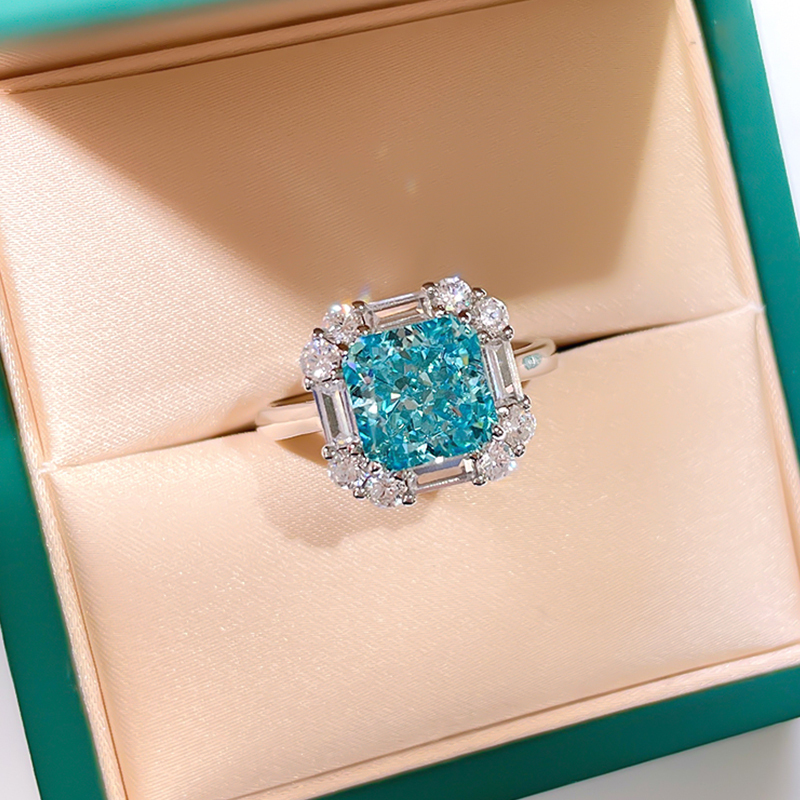 3Ct Aquamarine Blue Radiant Cut Cluster Halo Ring-Sterling Silver-lornajewelry