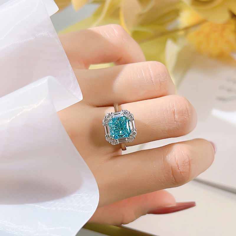 3Ct Aquamarine Blue Radiant Cut Cluster Halo Ring-Sterling Silver-lornajewelry
