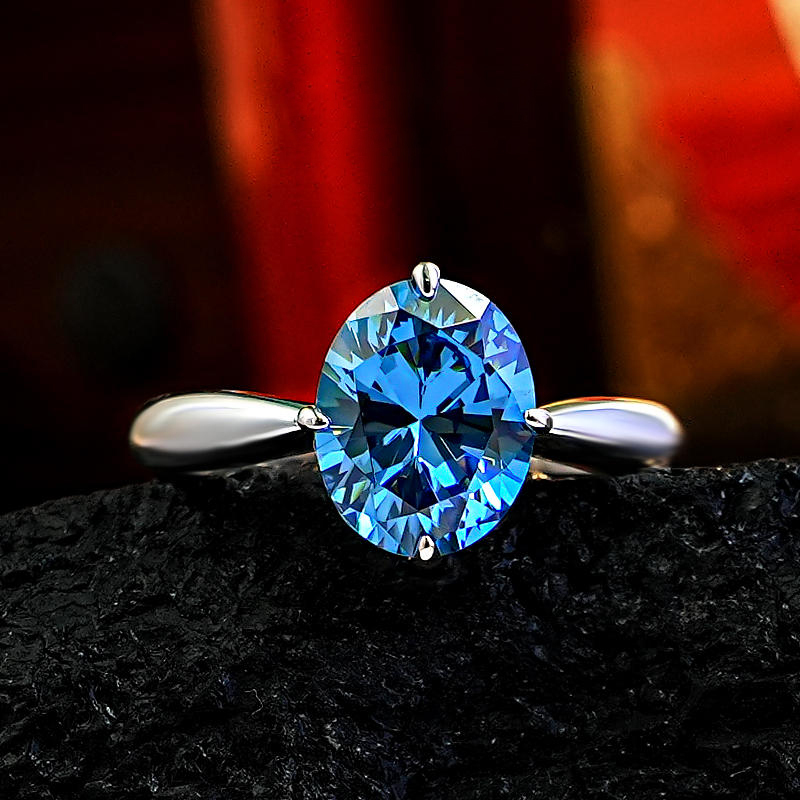 3Ct Blue Oval Cut Solitaire Ring-Sterling Silver-lornajewelry