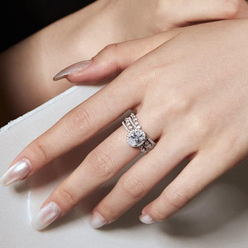 1Ct White Oval Cut Triple Band Halo Ring-Sterling Silver-lornajewelry