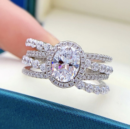 1Ct White Oval Cut Triple Band Halo Ring-Sterling Silver-lornajewelry