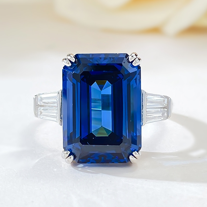7Ct Blue Emerald Cut Three-Stone Ring-Sterling Silver-lornajewelry