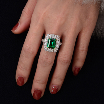 6Ct Emerald Cut Green Vintage Halo Design Ring-Sterling Silver-lornajewelry