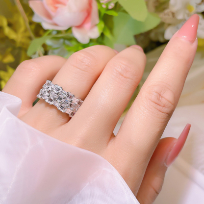 White Emerald Cut Multi-Row Prong Setting Band-Sterling Silver-lornajewelry