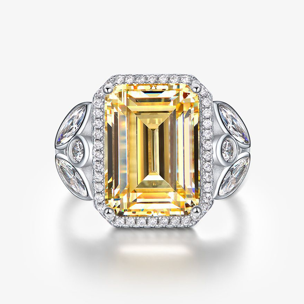 7Ct Yellow Emerald Cut Side Stone Halo Setting Ring-Sterling Silver-lornajewelry