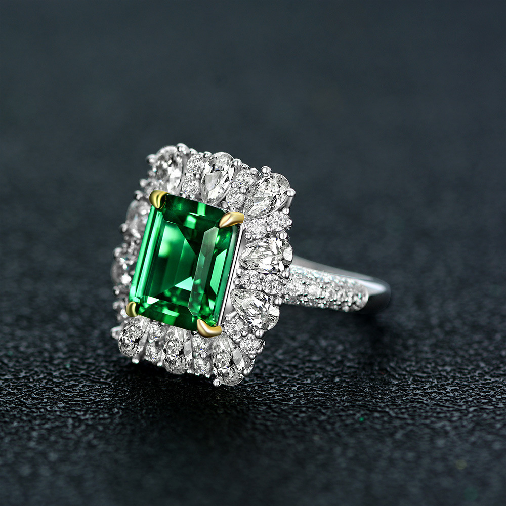 6Ct Emerald Cut Green Vintage Halo Design Ring-Sterling Silver-lornajewelry