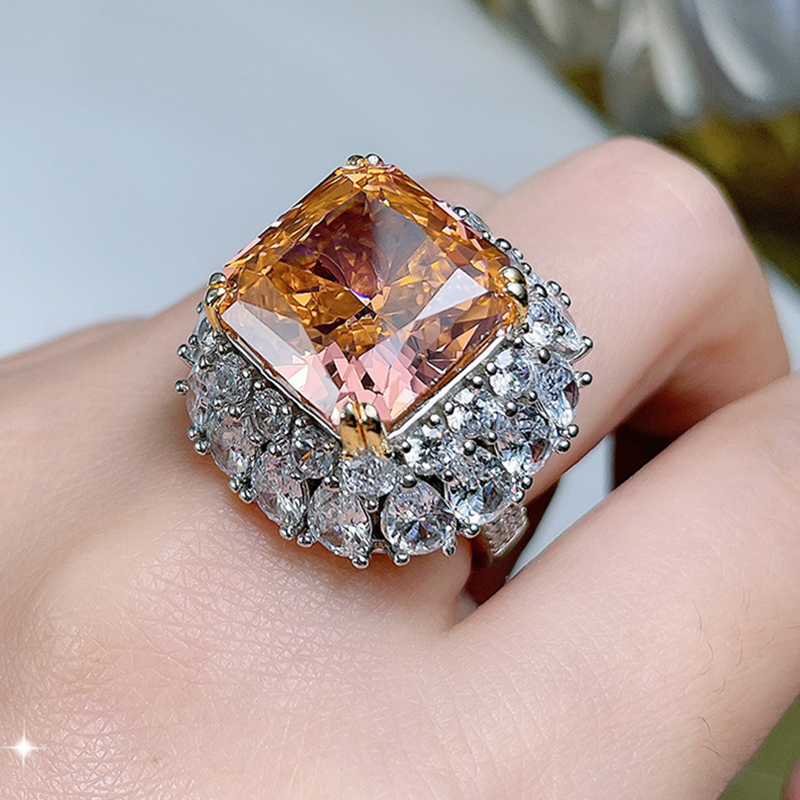14Ct Luxury Orange Radiant Cut Halo Setting Ring-Sterling Silver-lornajewelry