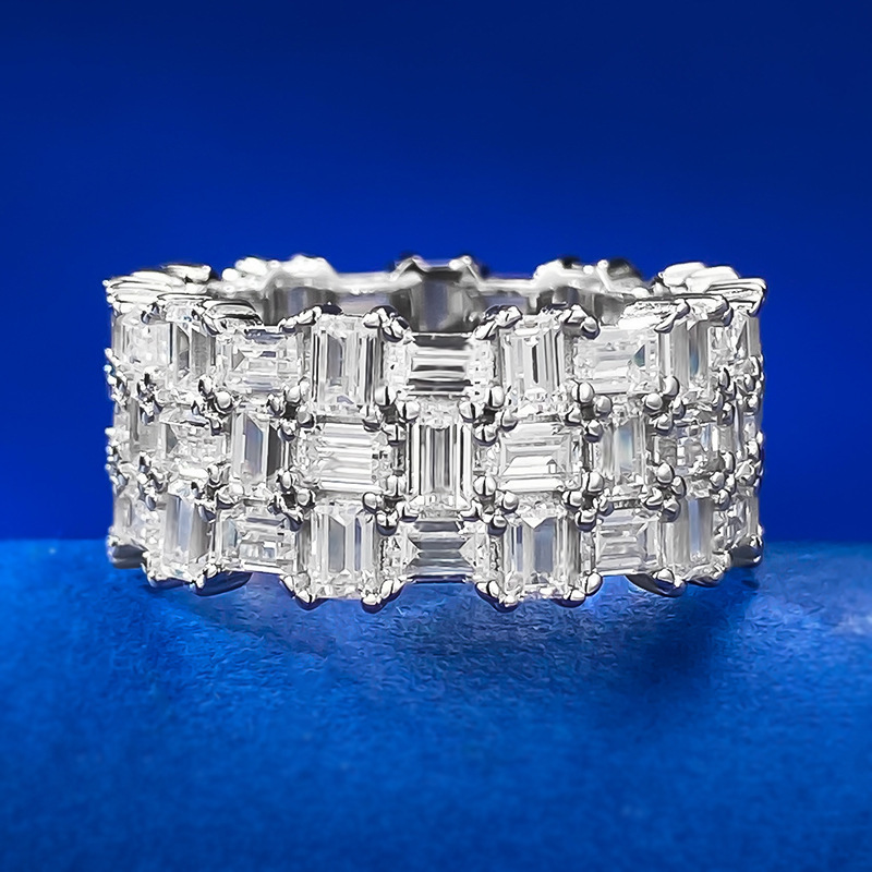 White Emerald Cut Multi-Row Prong Setting Band-Sterling Silver-lornajewelry