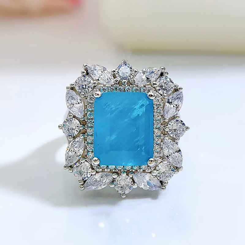 5Ct Emerald Cut Paraiba Gemstone Vintage Style Halo Ring-Sterling Silver-lornajewelry