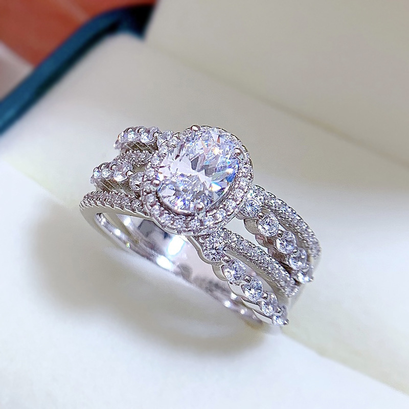 1Ct White Oval Cut Triple Band Halo Ring-Sterling Silver-lornajewelry