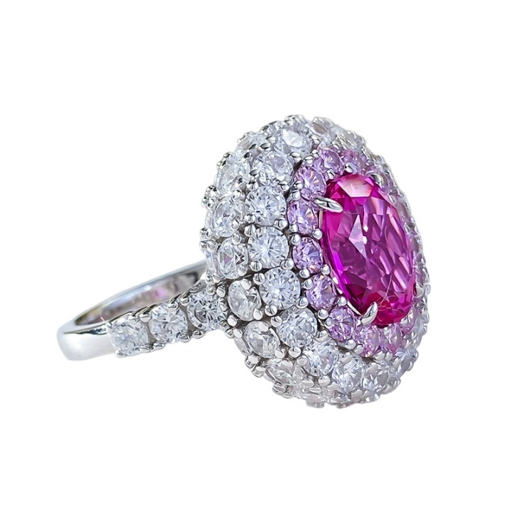 3.5Ct Luxury Fuchsia Oval Stone Ring Double Halo Design-Sterling Silver-lornajewelry