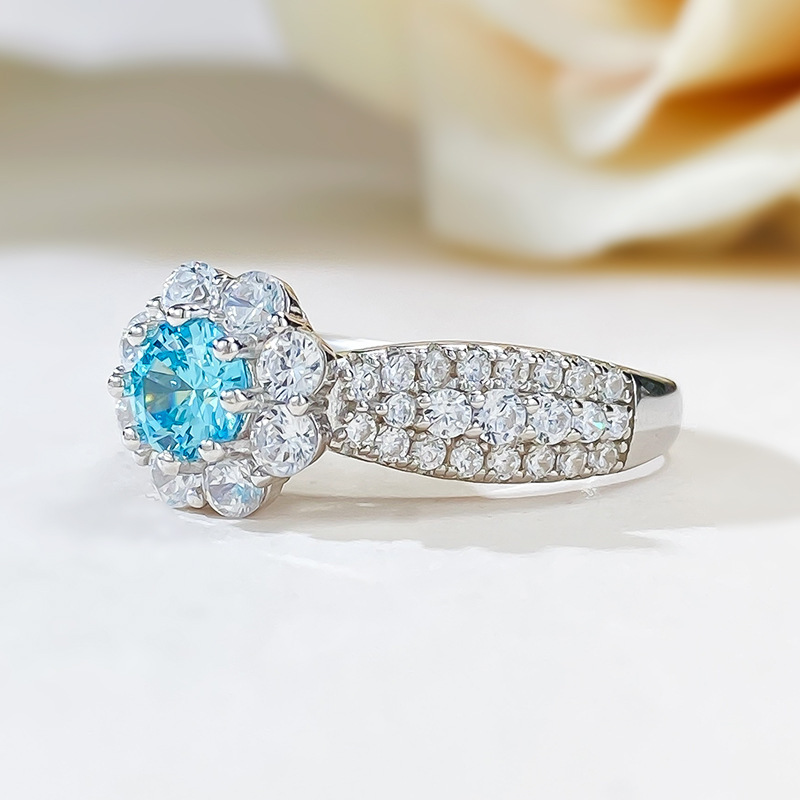 0.5Ct Elegant Round Cut Aquamarine Gemstone Halo Design Ring-Sterling Silver-lornajewelry