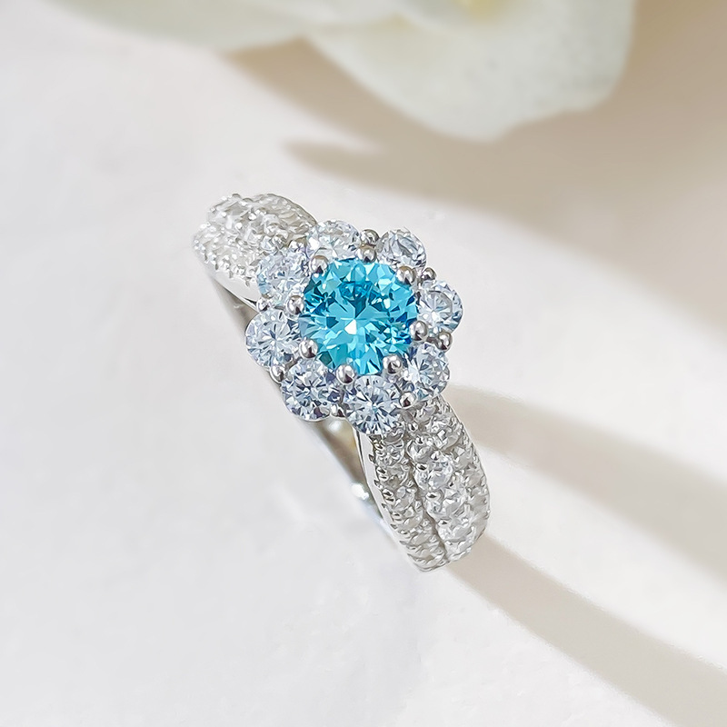 0.5Ct Elegant Round Cut Aquamarine Gemstone Halo Design Ring-Sterling Silver-lornajewelry