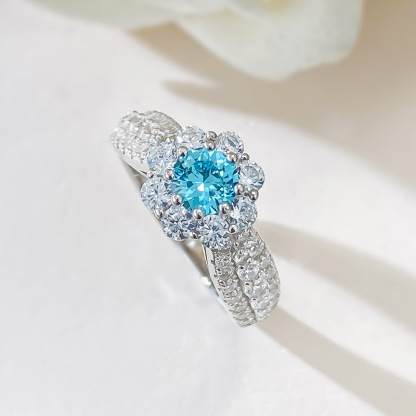 0.5Ct Elegant Round Cut Aquamarine Gemstone Halo Design Ring-Sterling Silver-lornajewelry