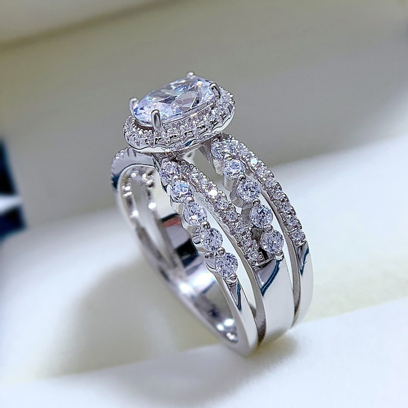 1Ct White Oval Cut Triple Band Halo Ring-Sterling Silver-lornajewelry