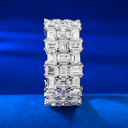 White Emerald Cut Multi-Row Prong Setting Band-Sterling Silver-lornajewelry