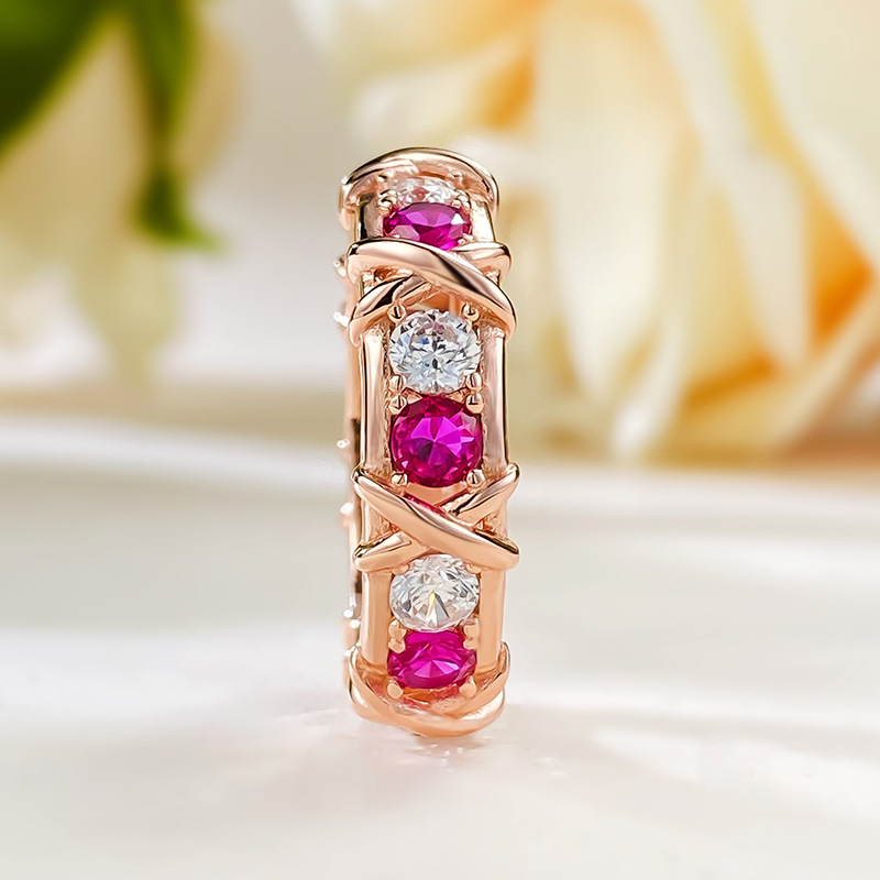 Rose Ruby and White Round Cut X-Prong Setting Rose Gold Band-Sterling Silver-lornajewelry
