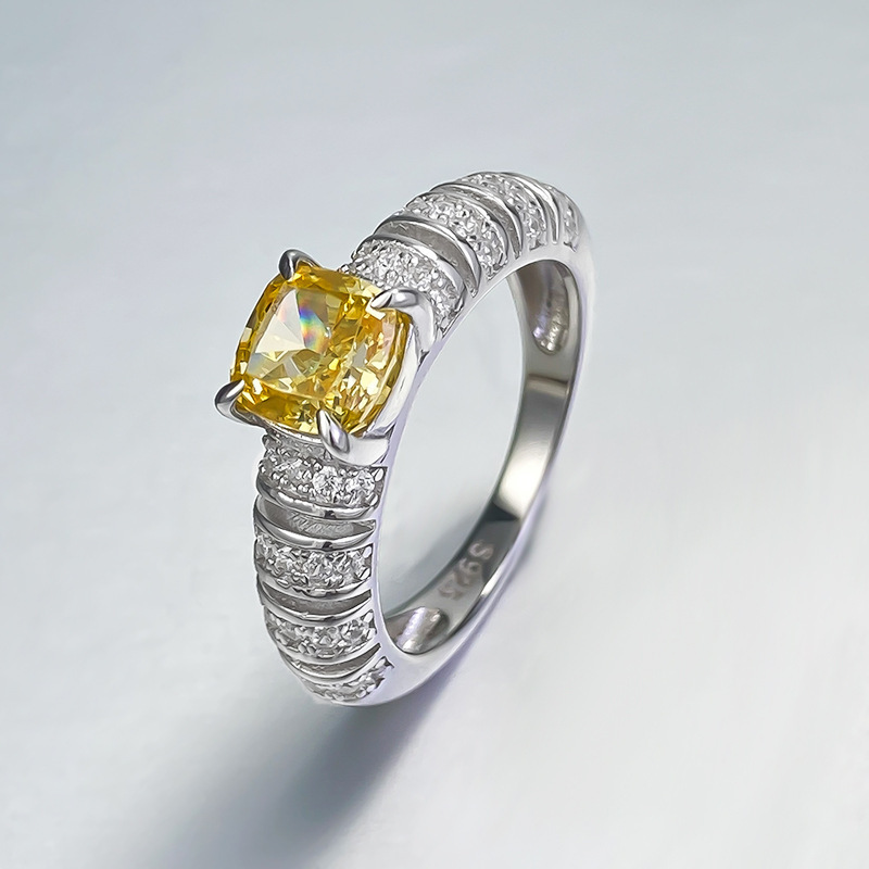 1Ct Luxury Yellow Cushion Gemstone Ring White Accent Band-Sterling Silver-lornajewelry