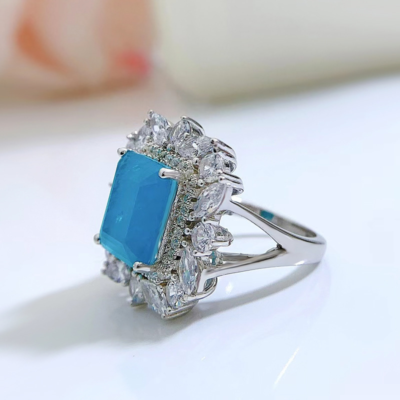 5Ct Emerald Cut Paraiba Gemstone Vintage Style Halo Ring-Sterling Silver-lornajewelry