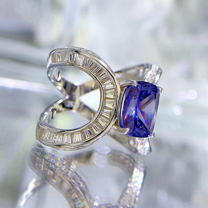 2Ct Blue Sapphire Cushion Cut Diamond Accent Unique Design Ring-Sterling Silver-lornajewelry