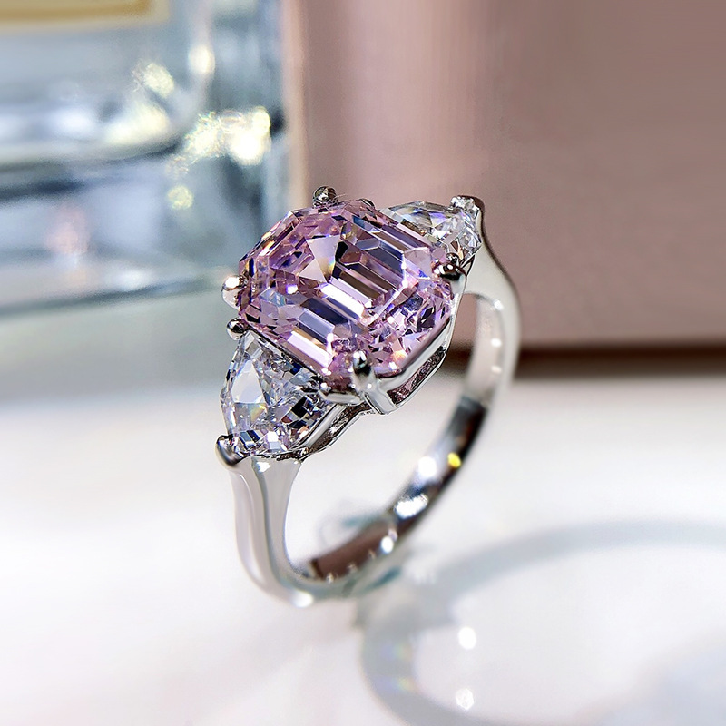 4Ct Pink Emerald Cut Three-Stone Ring-Sterling Silver-lornajewelry
