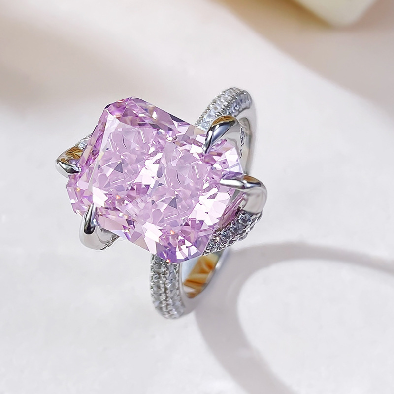 6Ct Pink Radiant Cut Pave Ring-Sterling Silver-lornajewelry