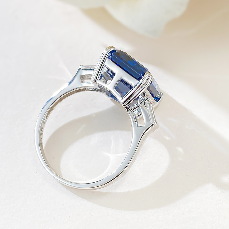 7Ct Blue Emerald Cut Three-Stone Ring-Sterling Silver-lornajewelry