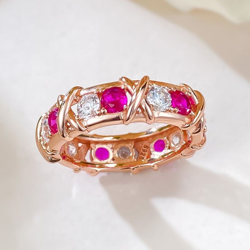 Rose Ruby and White Round Cut X-Prong Setting Rose Gold Band-Sterling Silver-lornajewelry
