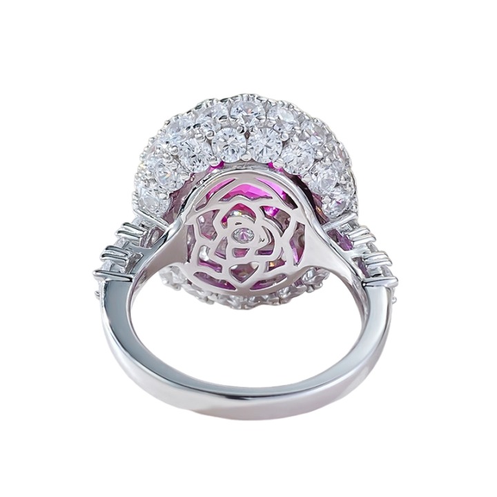 3.5Ct Luxury Fuchsia Oval Stone Ring Double Halo Design-Sterling Silver-lornajewelry