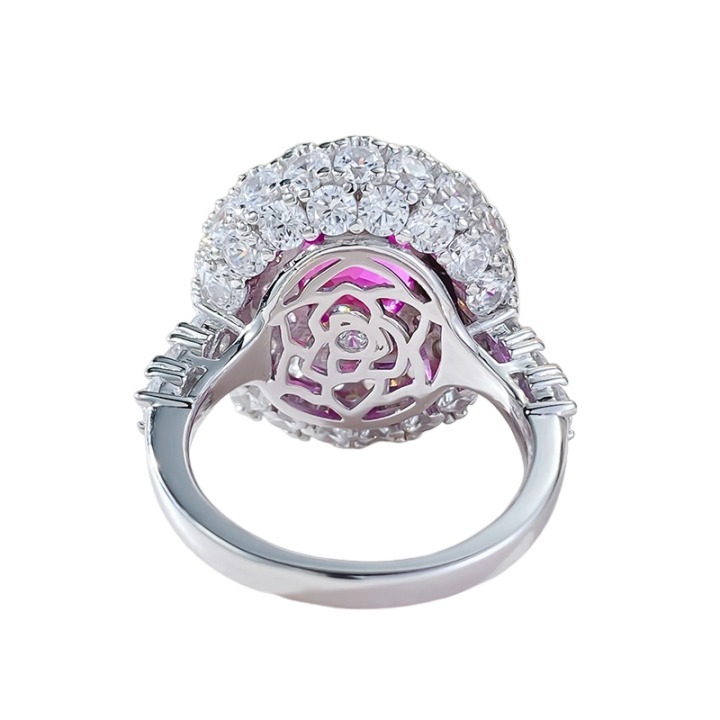 3.5Ct Luxury Fuchsia Oval Stone Ring Double Halo Design-Sterling Silver-lornajewelry