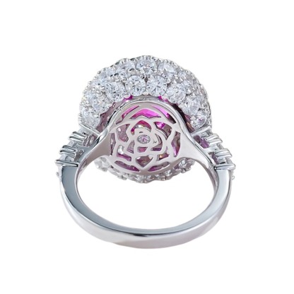 3.5Ct Luxury Fuchsia Oval Stone Ring Double Halo Design-Sterling Silver-lornajewelry