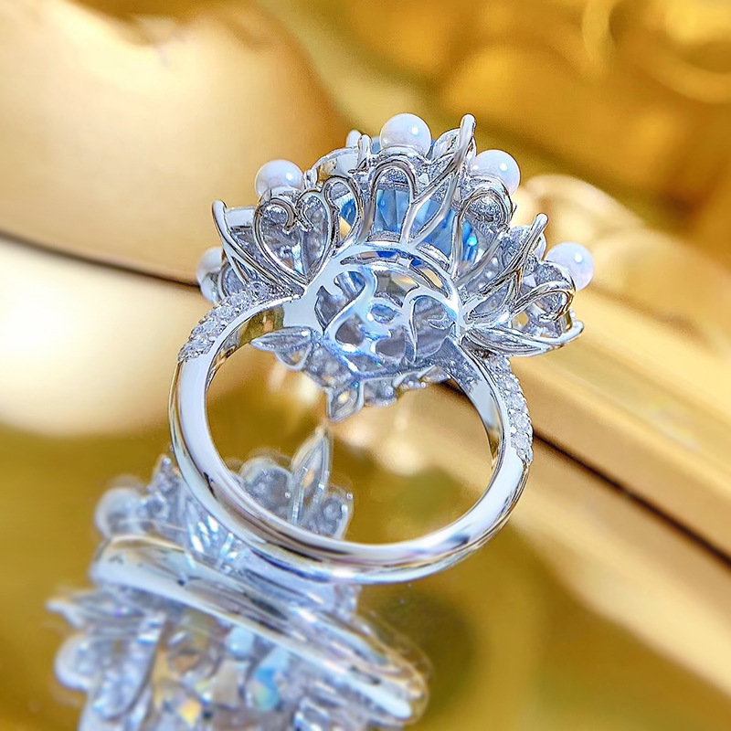 8Ct Luxury Pear Cut Aquamarine Pearl Accents Ring-Sterling Silver-lornajewelry