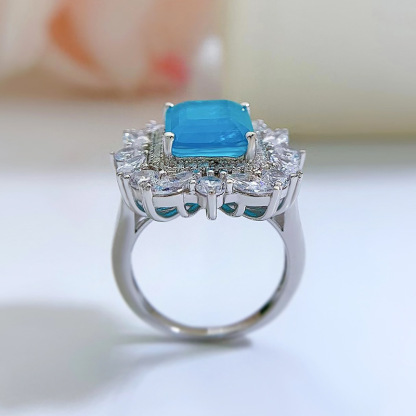 5Ct Emerald Cut Paraiba Gemstone Vintage Style Halo Ring-Sterling Silver-lornajewelry