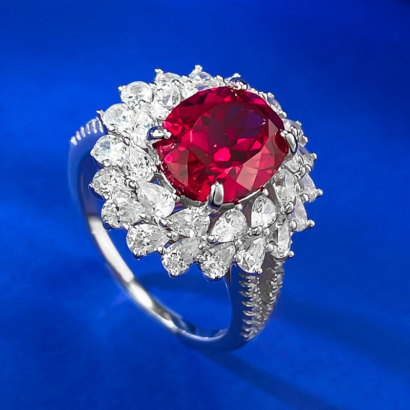 3.5Ct Oval Cut Red Gemstone Floral Diamond Halo Ring-Sterling Silver-lornajewelry