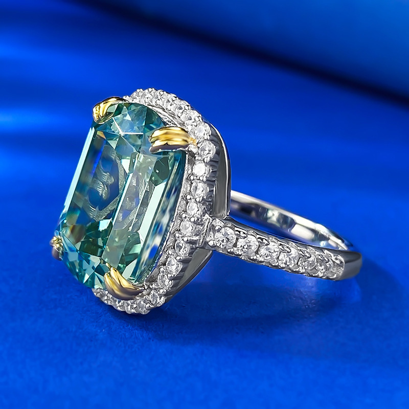 7Ct Emerald Cut Green Tourmaline Halo Design Ring-Sterling Silver-lornajewelry