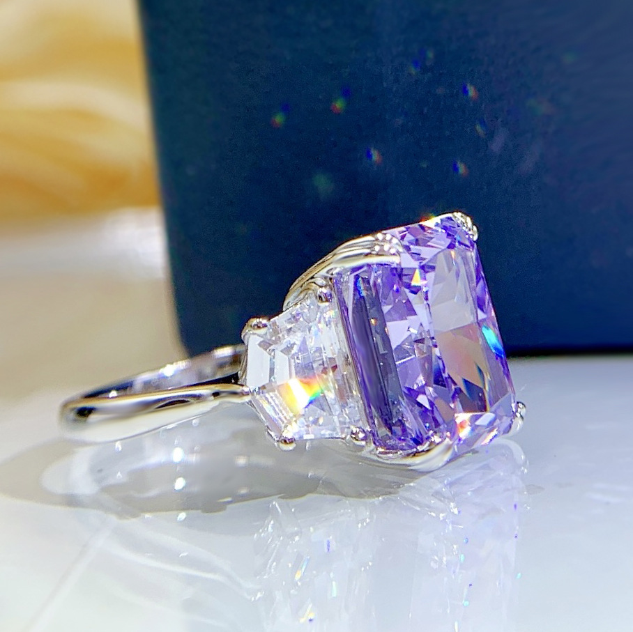 6Ct Purple Radiant Cut Three-Stone Ring-Sterling Silver-lornajewelry