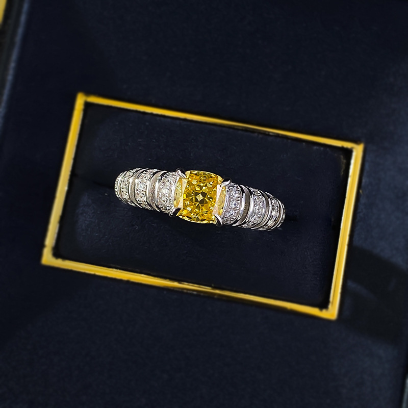 1Ct Luxury Yellow Cushion Gemstone Ring White Accent Band-Sterling Silver-lornajewelry