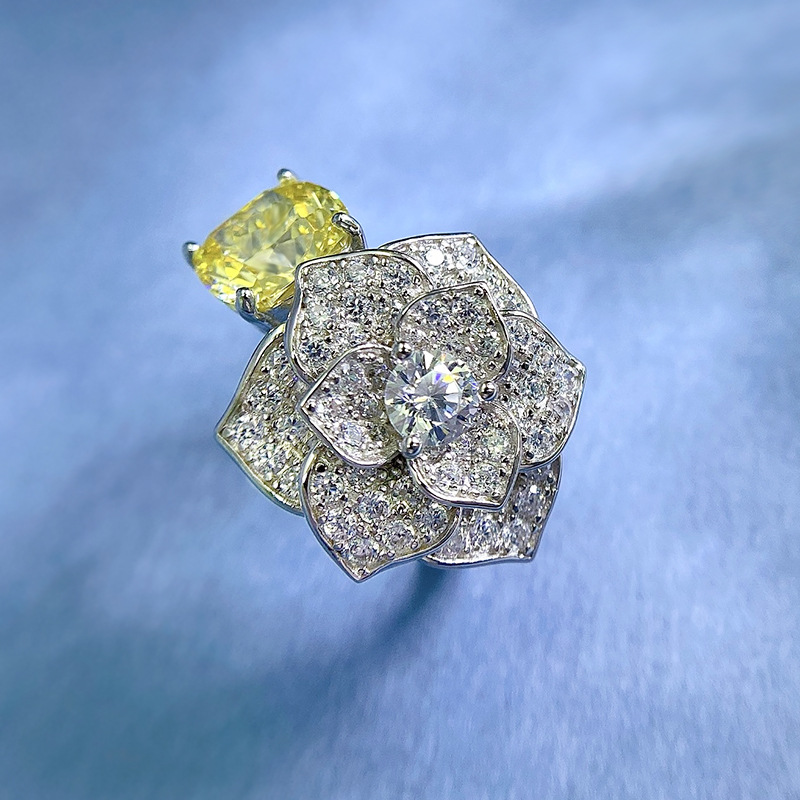 3Ct Yellow Cushion Cut Floral Pave Ring-Sterling Silver-lornajewelry