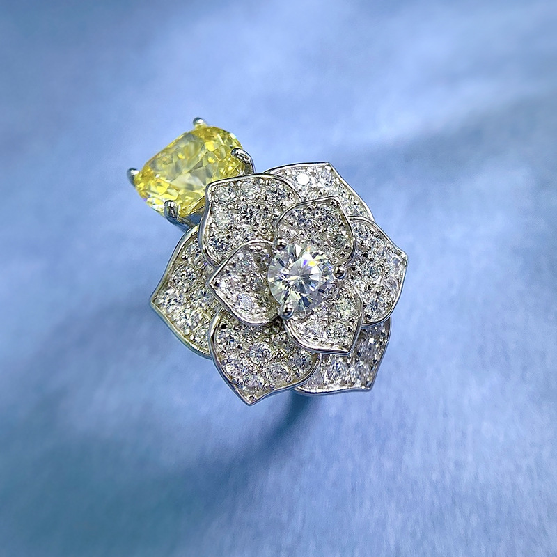 3Ct Yellow Cushion Cut Floral Pave Ring-Sterling Silver-lornajewelry