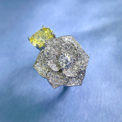 3Ct Yellow Cushion Cut Floral Pave Ring-Sterling Silver-lornajewelry